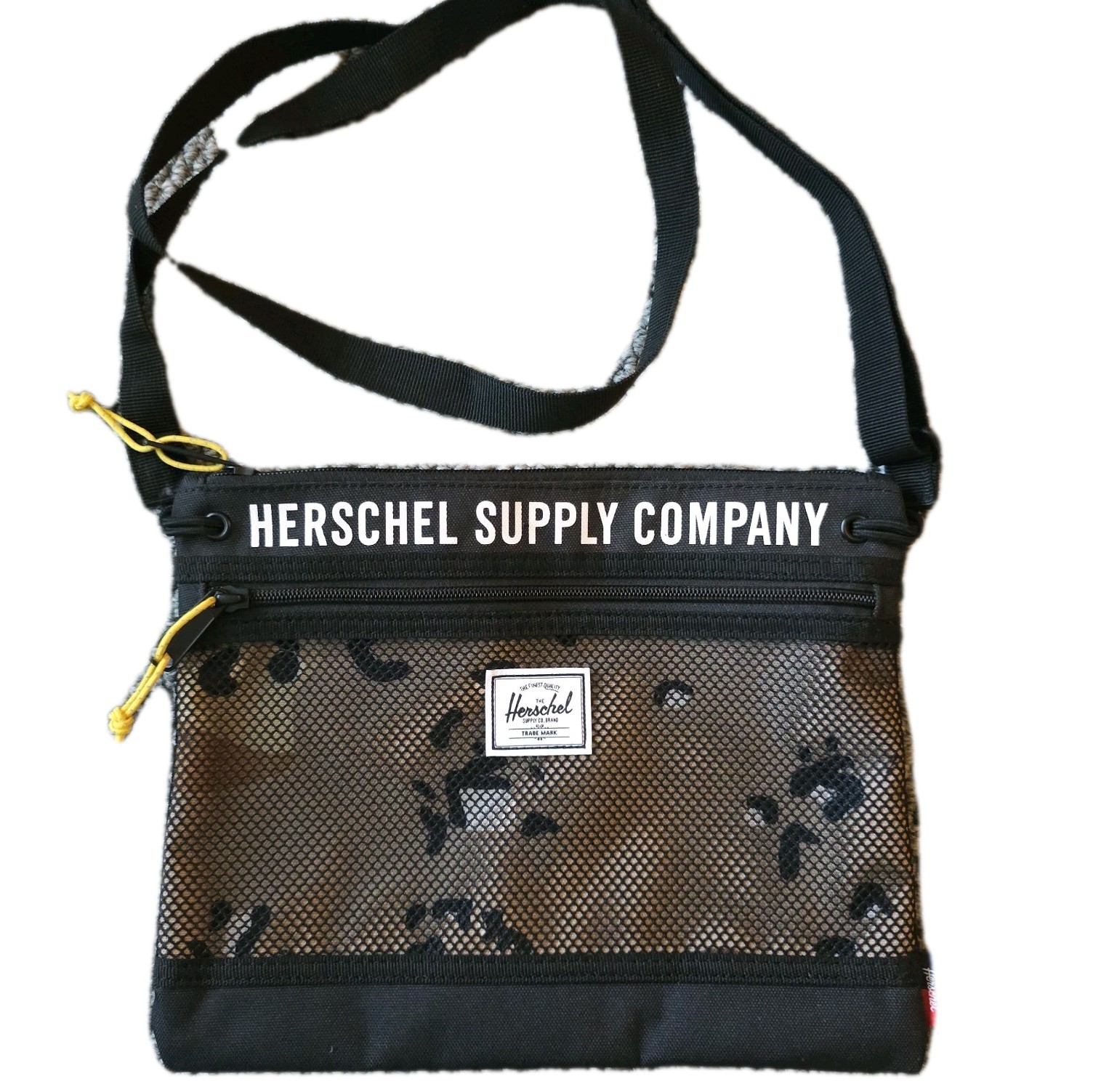 Herschel Crossbody Sling Bag Black Mesh Animal Print Travel Festival Adjustable