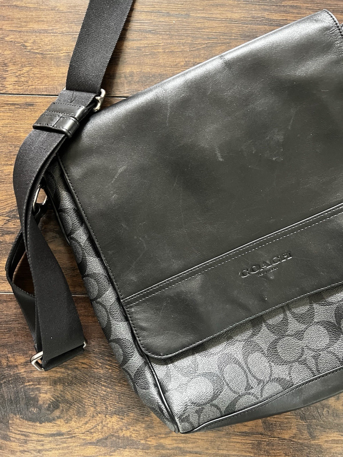 Coach Houston Map Bag Signature Canvas Mens Charcoal Black Messenger Bag