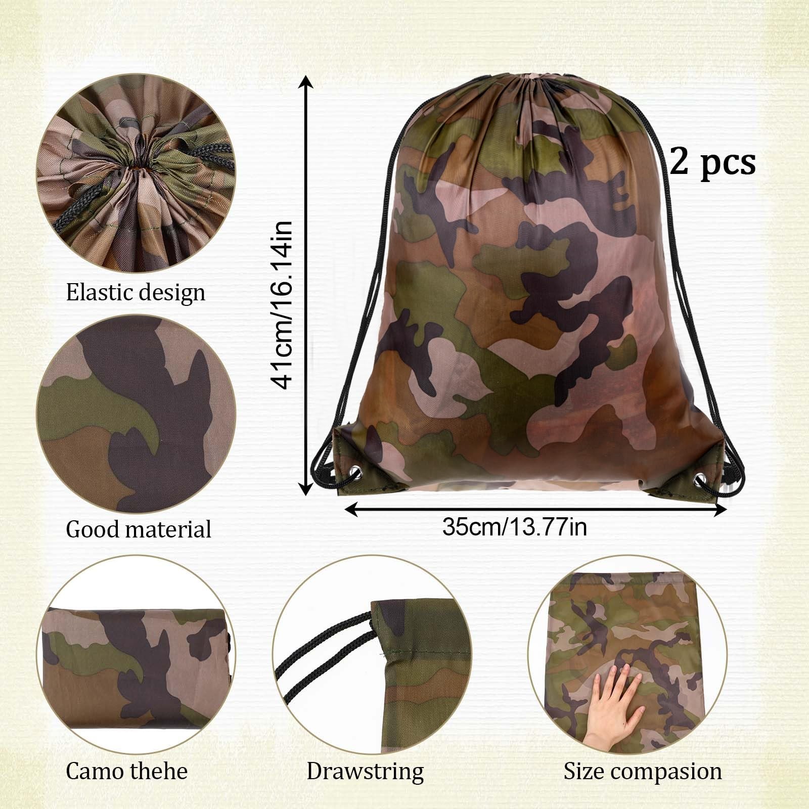 salbsever 2PCS Camo Bag Drawstring Backpack Draw String Bag 13.8 16.5 Inch Camo