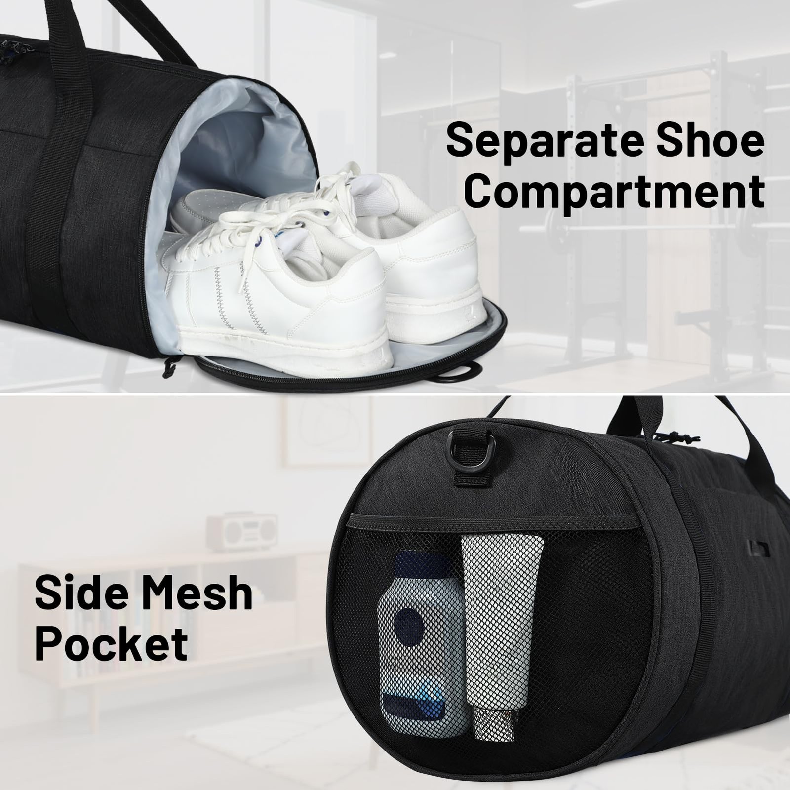 24L Gym Round Duffle Bag Shoe Compartment Wet Pocket Lightweight Carry On