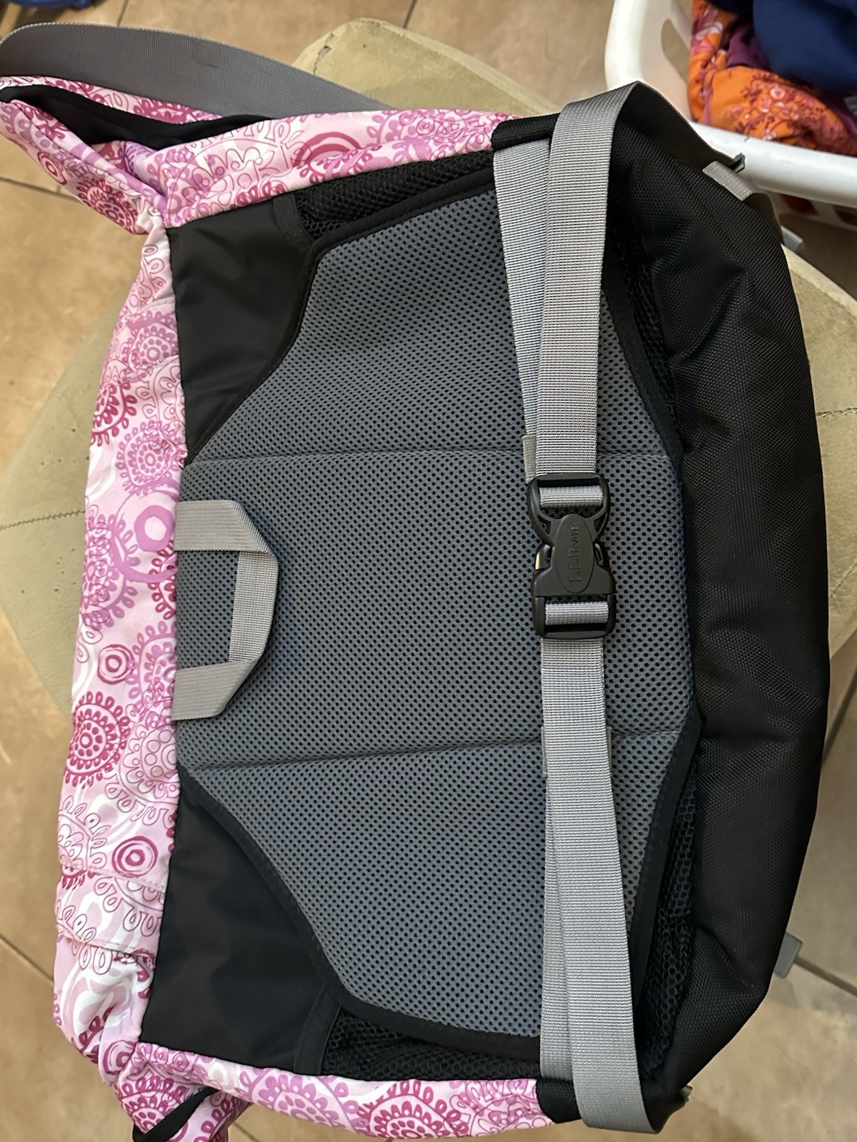 LL Bean Messenger Bag Black Pink Purple Floral Nylon Work School Computer Bag