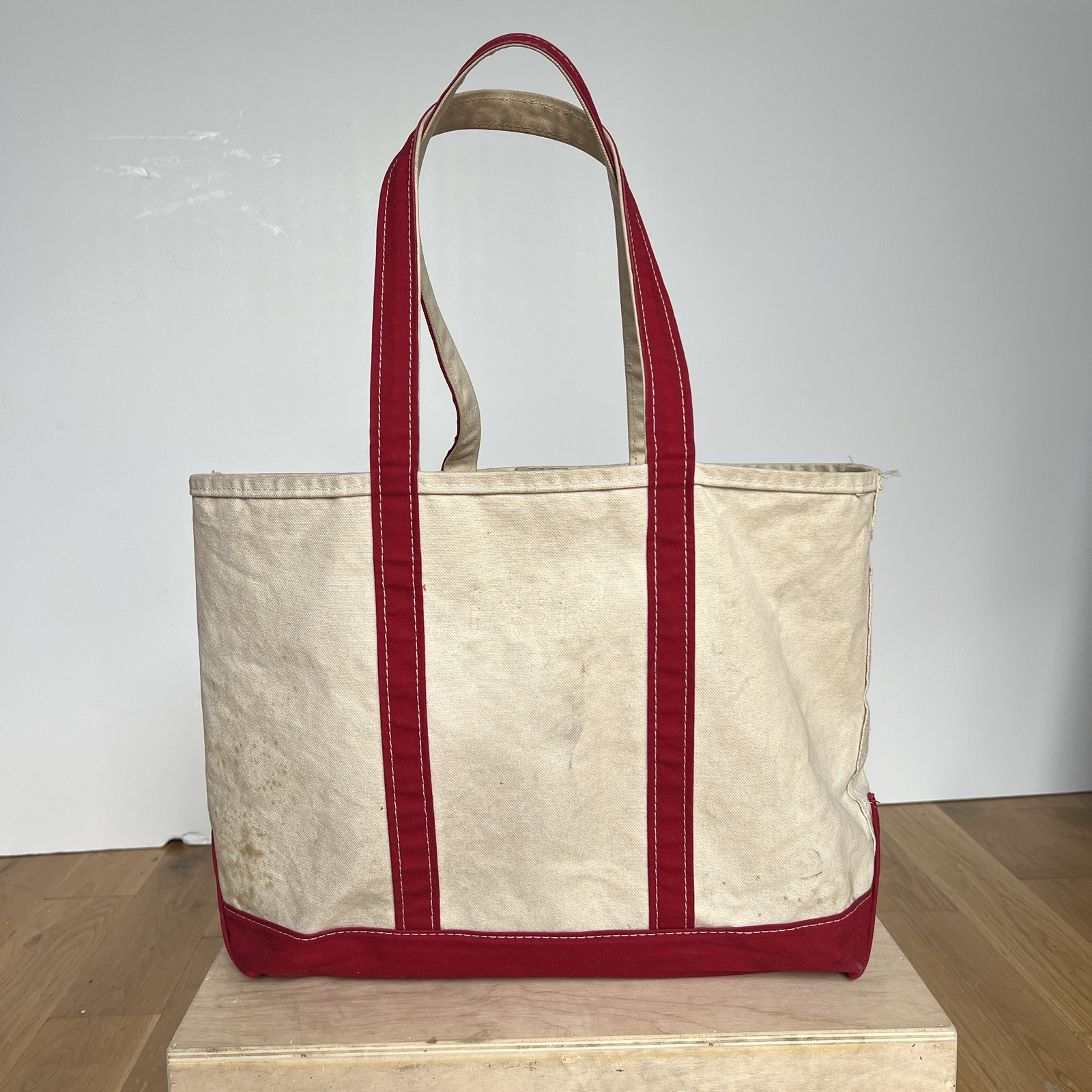 Vintage 90’s 00’s LL Bean Boat and Tote Bag Large Ivory Red Canvas USA Stained