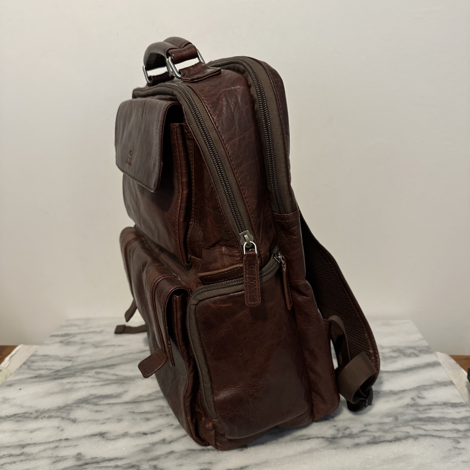 Mancini Buffalo Leather Backpack 15.6″ Laptop Bag Brown Front /side Pockets RFID