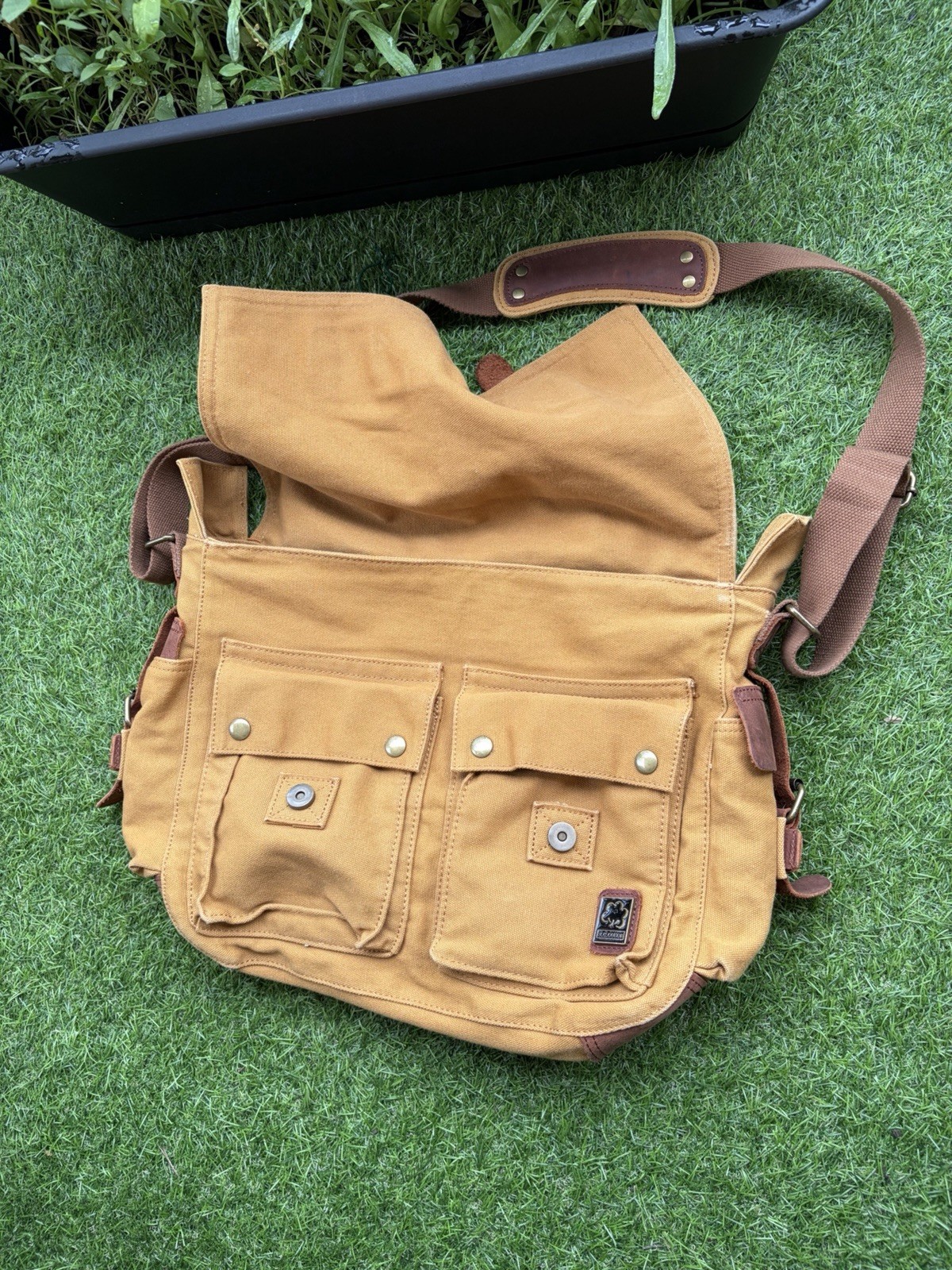 S.C. Cotton Canvas Messenger Bag Tan Khaki Leather Strap Satchel Vintage Style