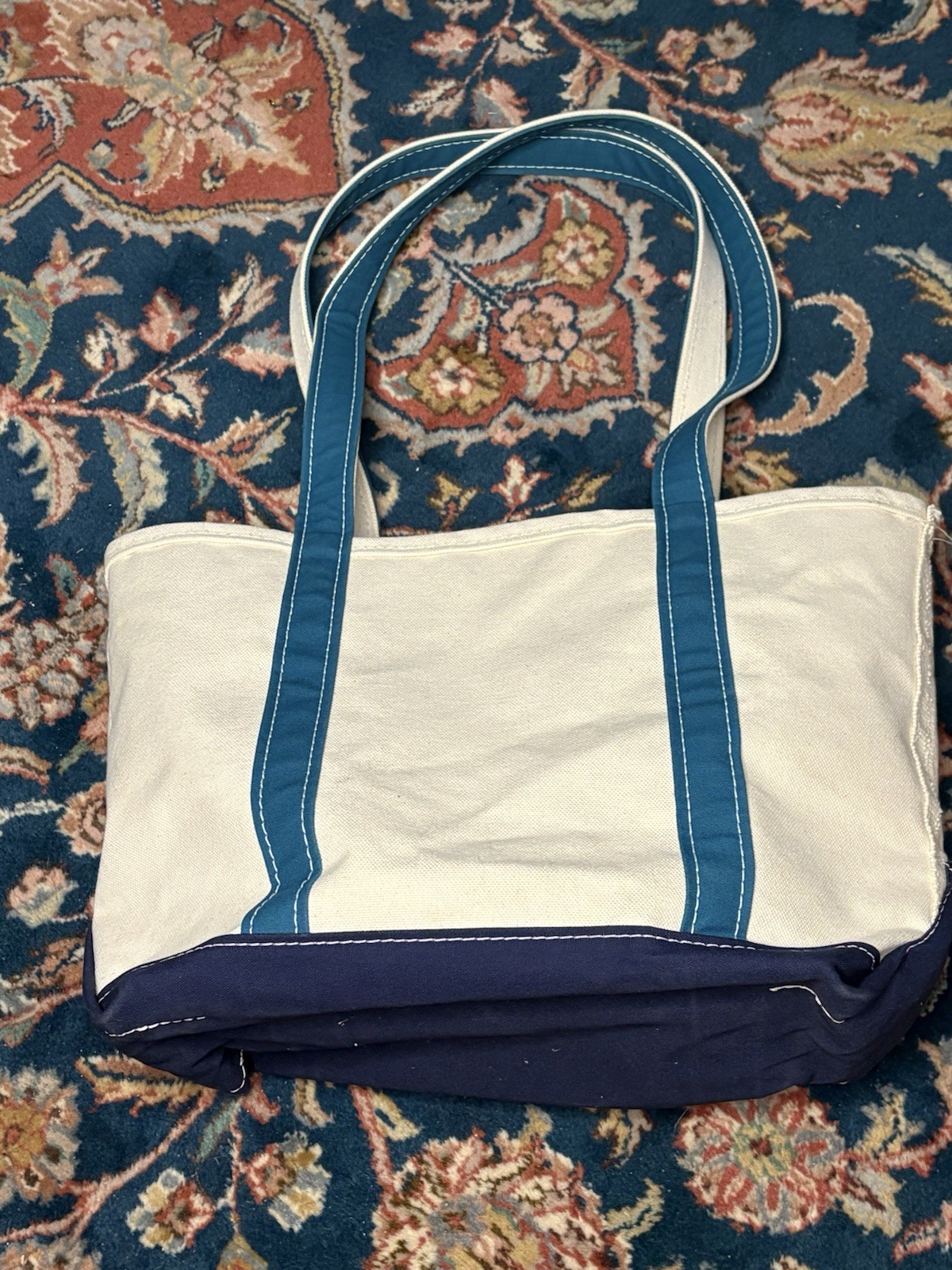 LL Bean Boat & Tote Bag Medium Royal Blue Turquoise Long Handle EUC Purse