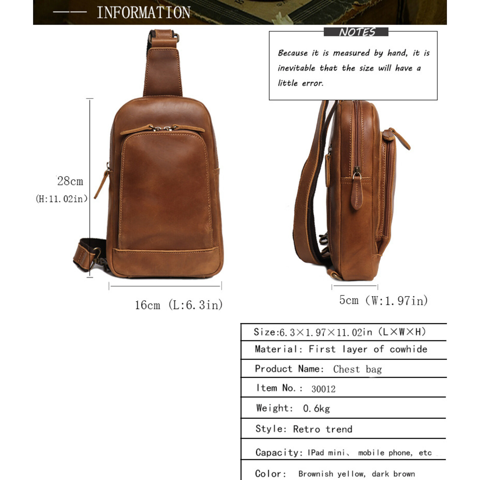 Men’s Leather Chest Sling Bag Crossbody Travel Backpack Shoulder Pack