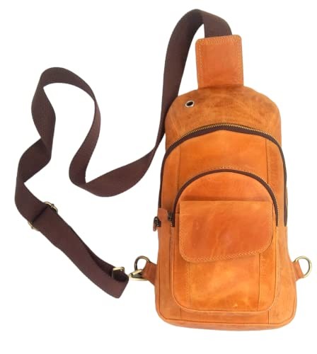 Handmade Buffalo Leather Travel Hiking Crossbody Chest Sling Small Camel Brown