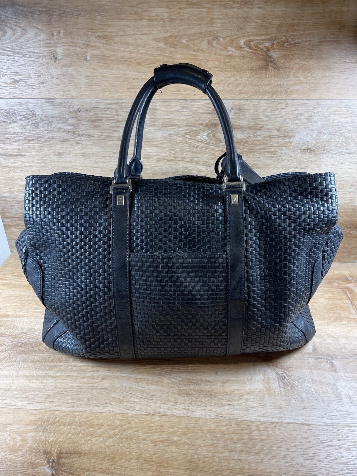 Cole Haan Black Woven Leather A Line Duffle Weekender Bag $2595