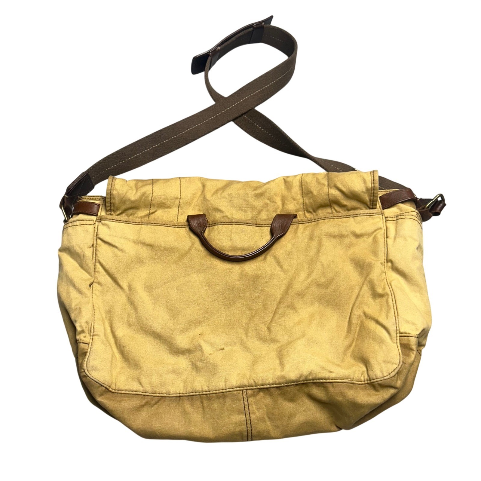 J.Crew Messenger Bag Tan Men OS Canvas Leather Trim Satchel Work Travel