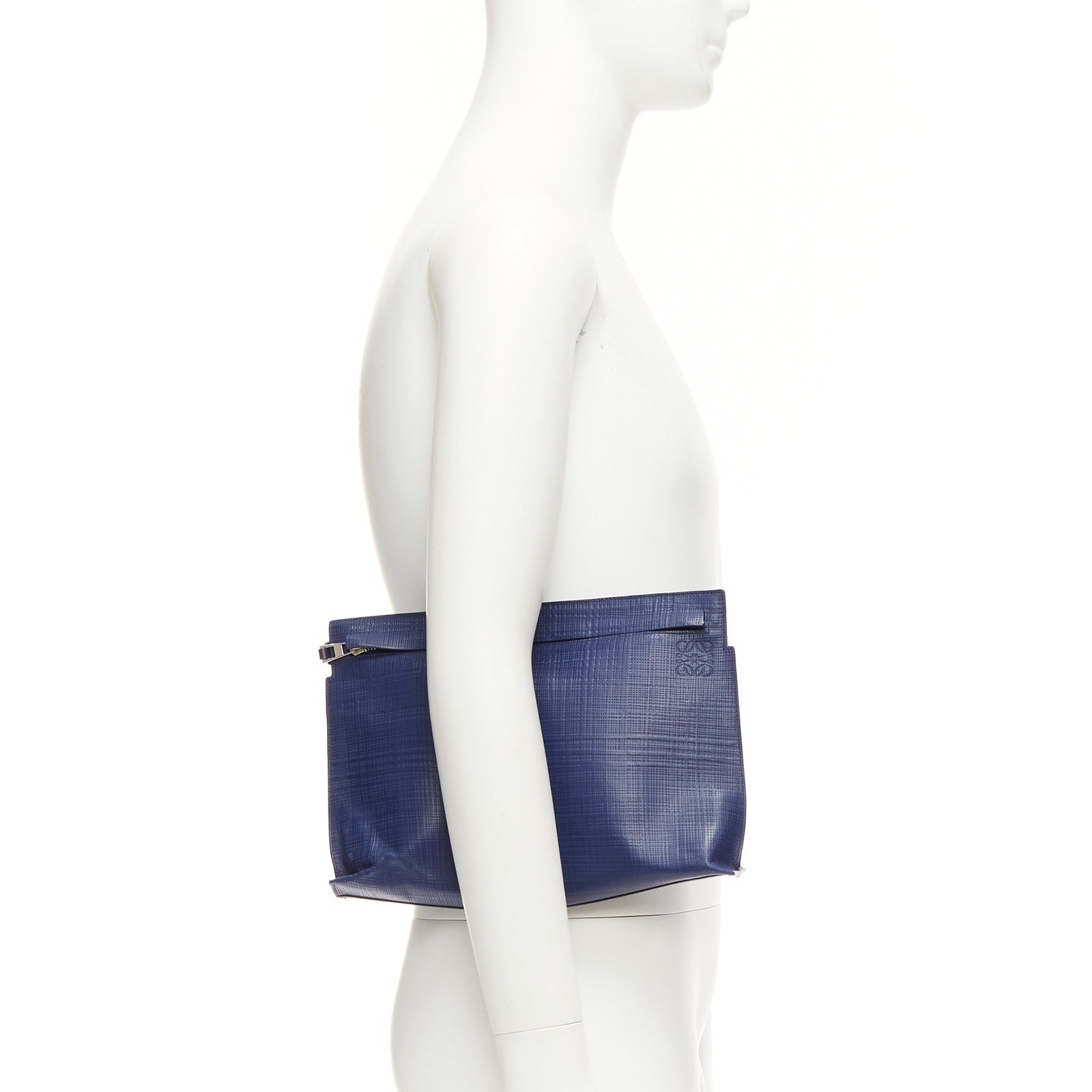 LOEWE T Pouch navy textured checkered leather silver zip wrist clutch bag