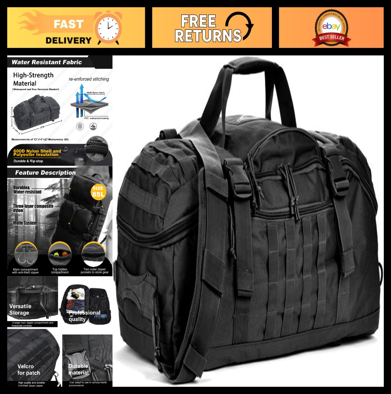 3-in-1 Military Backpack Duffle Bag for Travel, Gym, Weekender & Deployment
