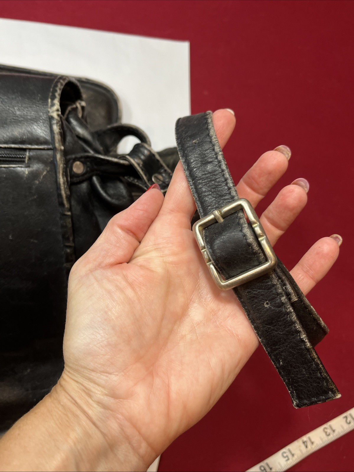 Wilsons Leather BLACK Messenger Flap BAG Distressed Grunge office School Retro
