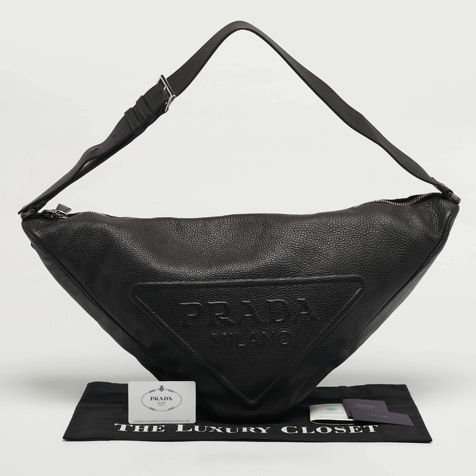 Prada Triangle Logo Embossed Black Vitello Dain Leather Bag