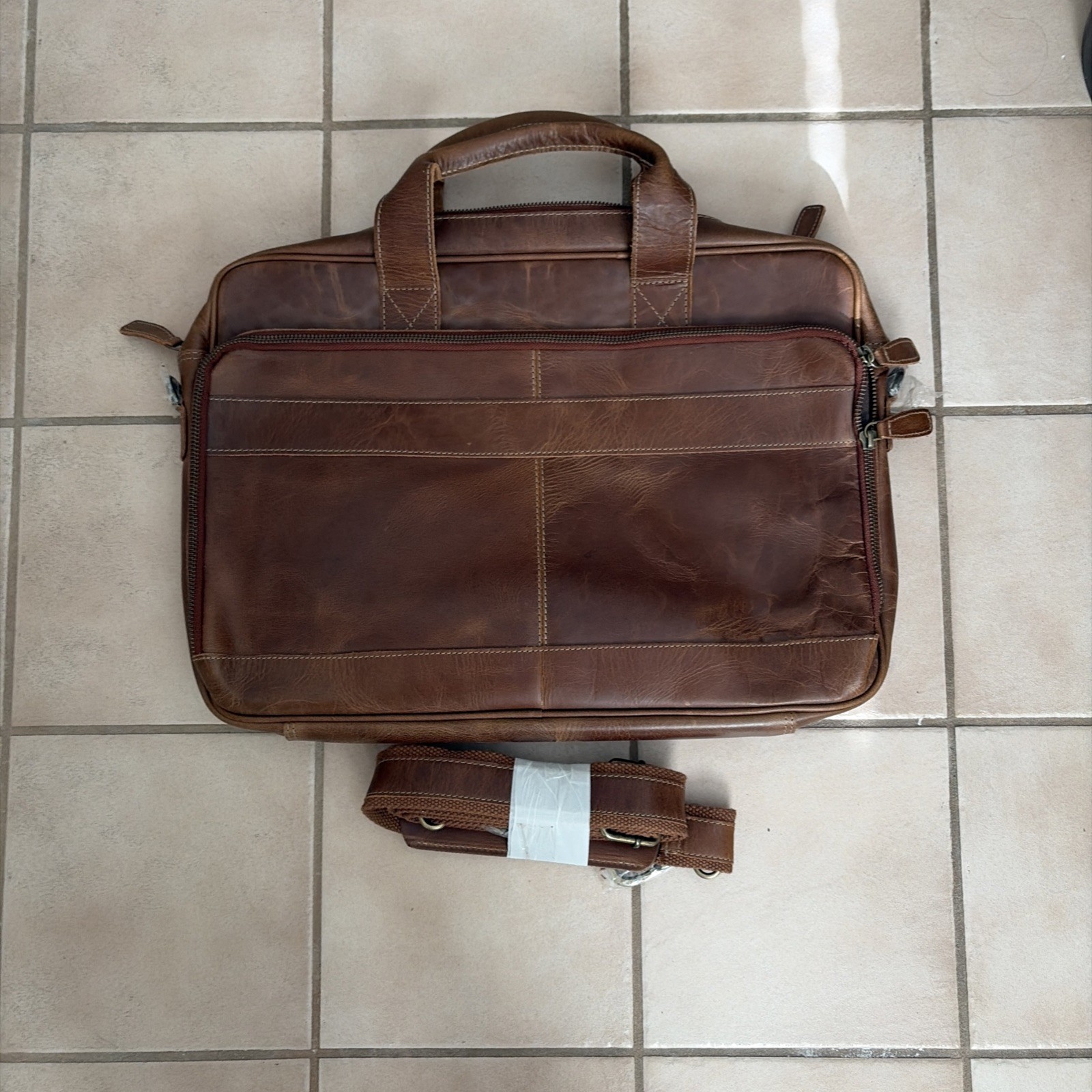 KomalC Leather Messenger Laptop Bag Brown Distressed Briefcase NWOT