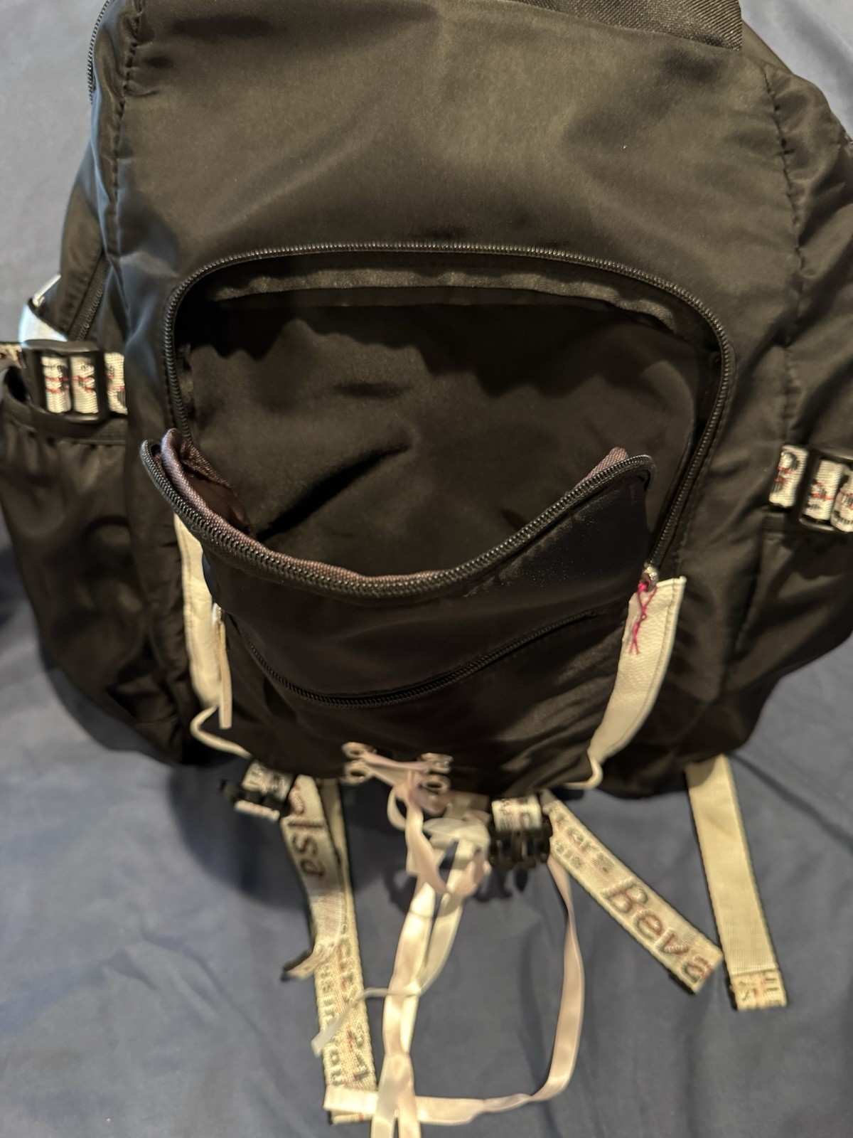 Bevalsa Black White Backpack with USB Port, Audio Pocket, Adjustable Straps