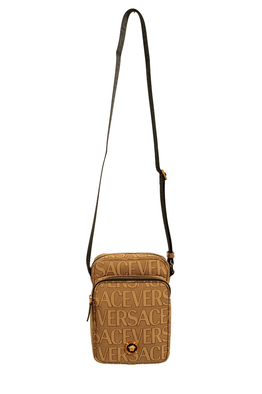 Versace Unisex Gold Medusa Logo Print Canvas Crossbody Shoulder Bag