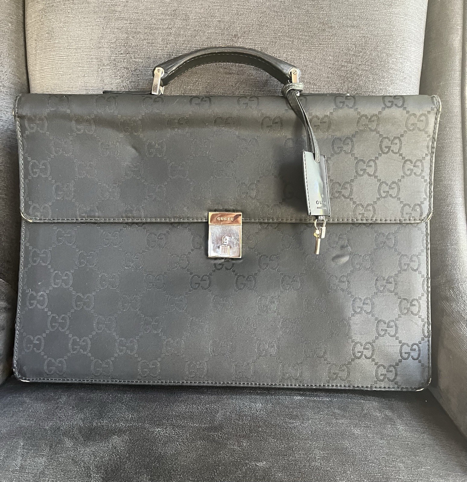Vintage Gucci Black GG Monogram Nylon Briefcase Attache Laptop Bag Italy