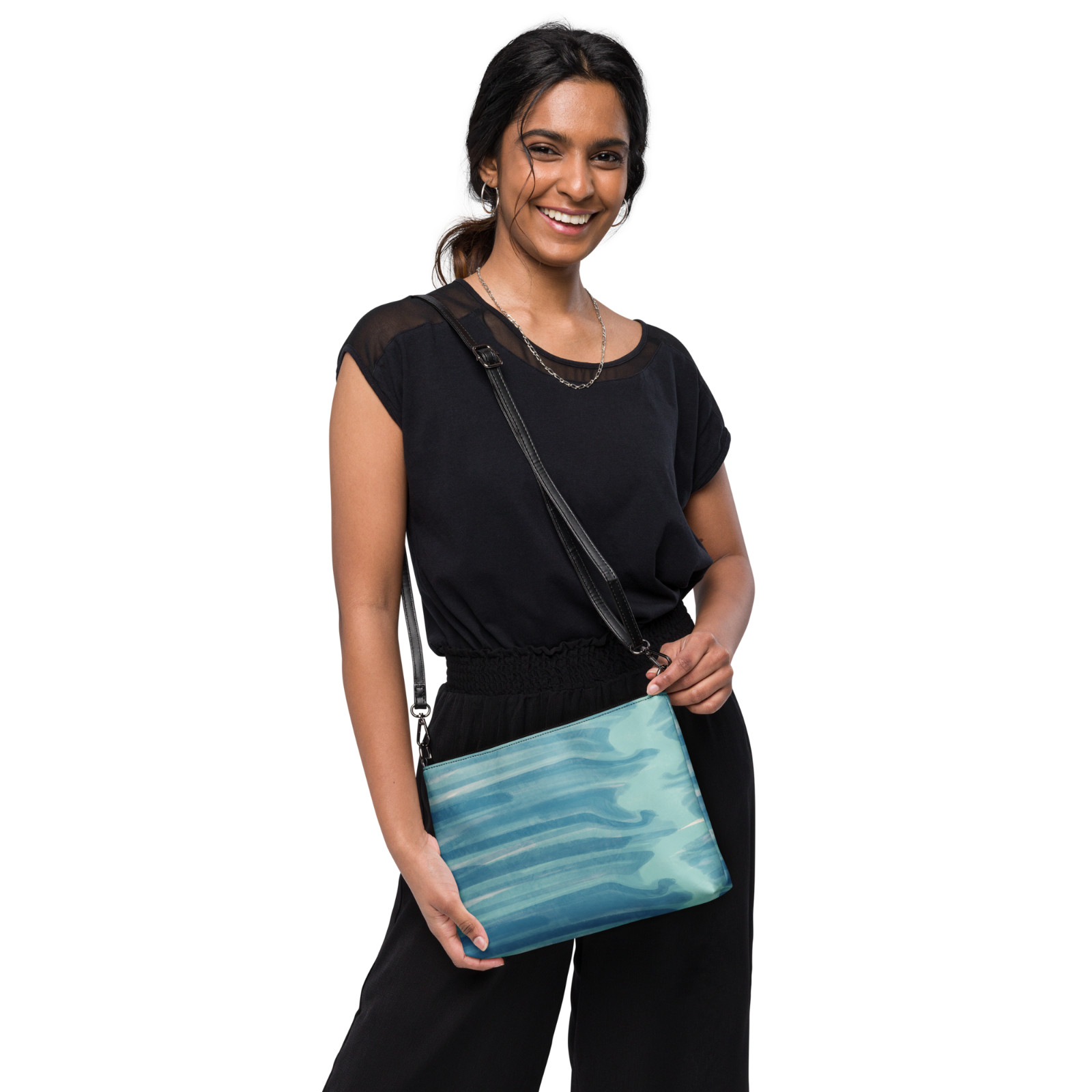 Womens Wristlet Purse Aqua Abstract Print Crossbody Shoulder Bag Detach Strap
