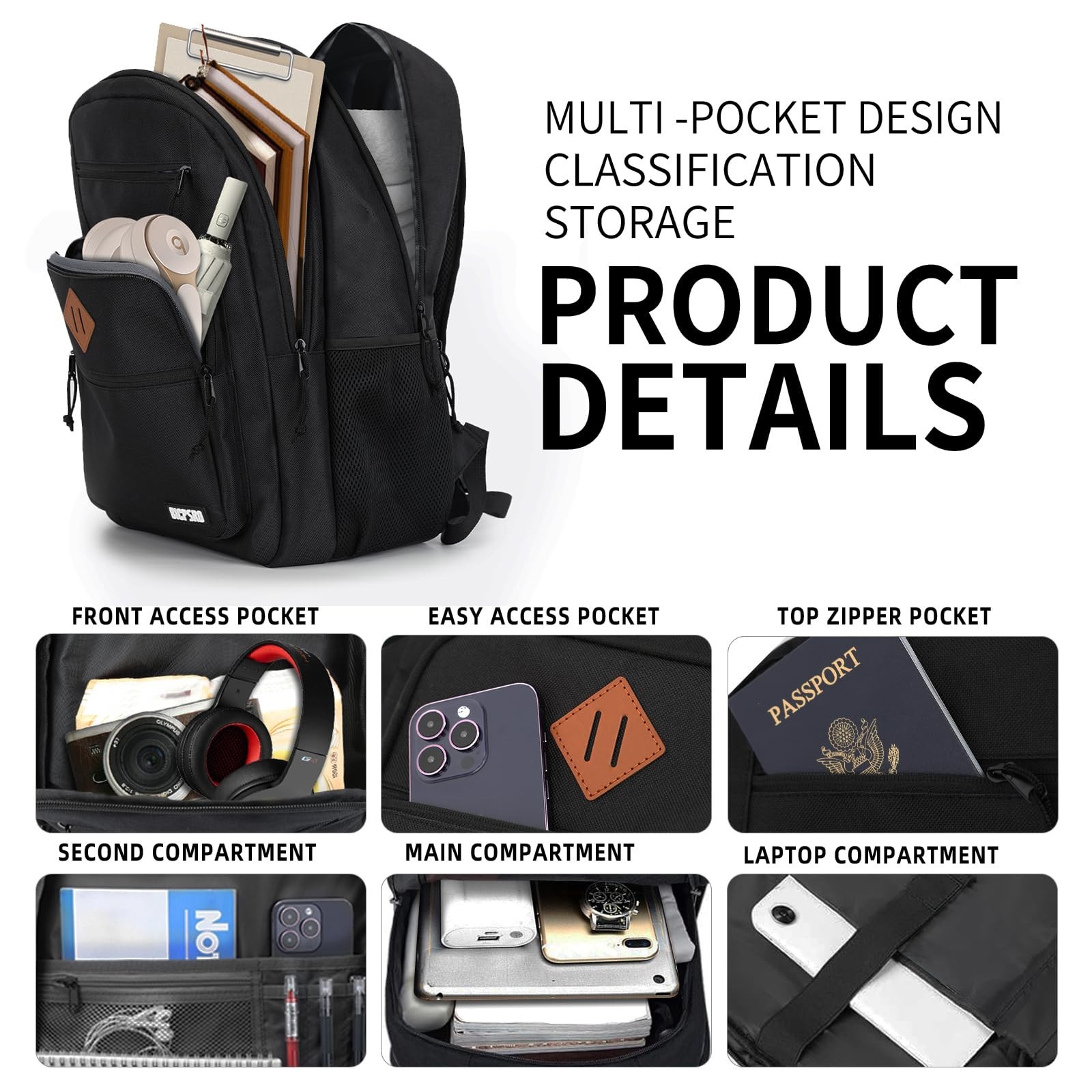 Versatile Black Classic School Backpack for Teens & Adults, 15.6″ Laptop Bookbag