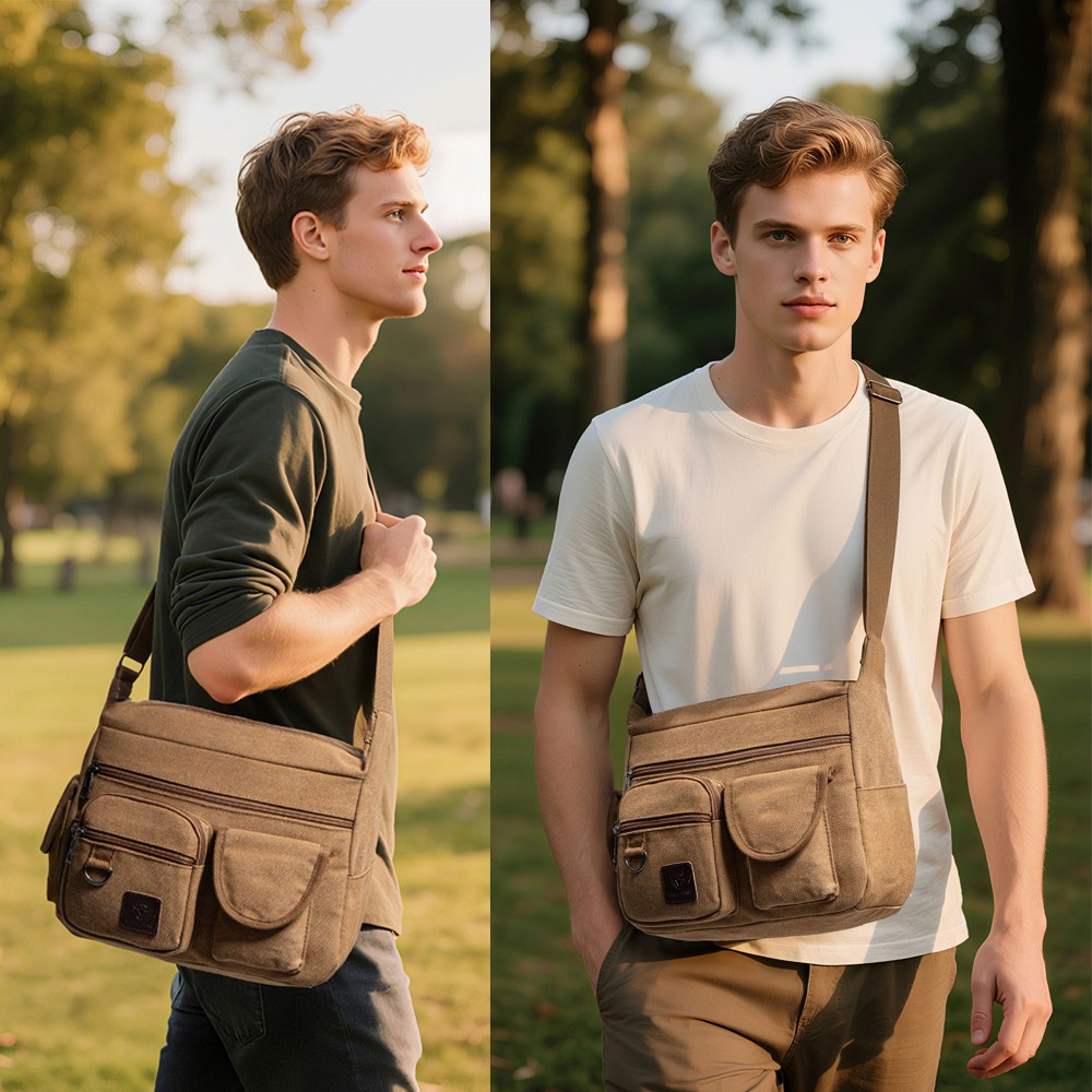 Men’s Canvas Crossbody Bag Multi-Pocket Casual Shoulder Bag for Work Travel