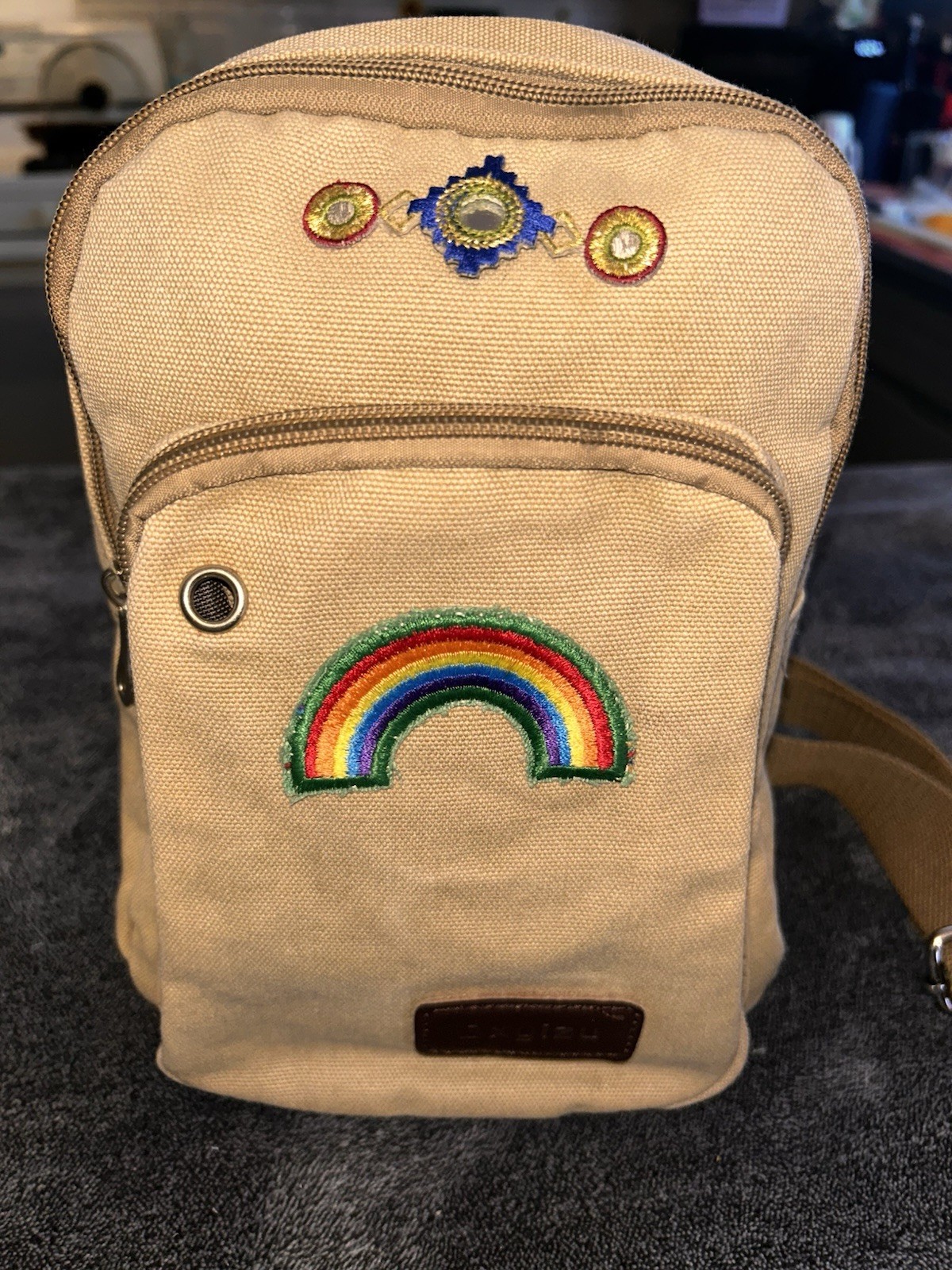 Beige Small Crossbody Bag Rainbow Patch Zip Closure Adjustable Strap Pockets