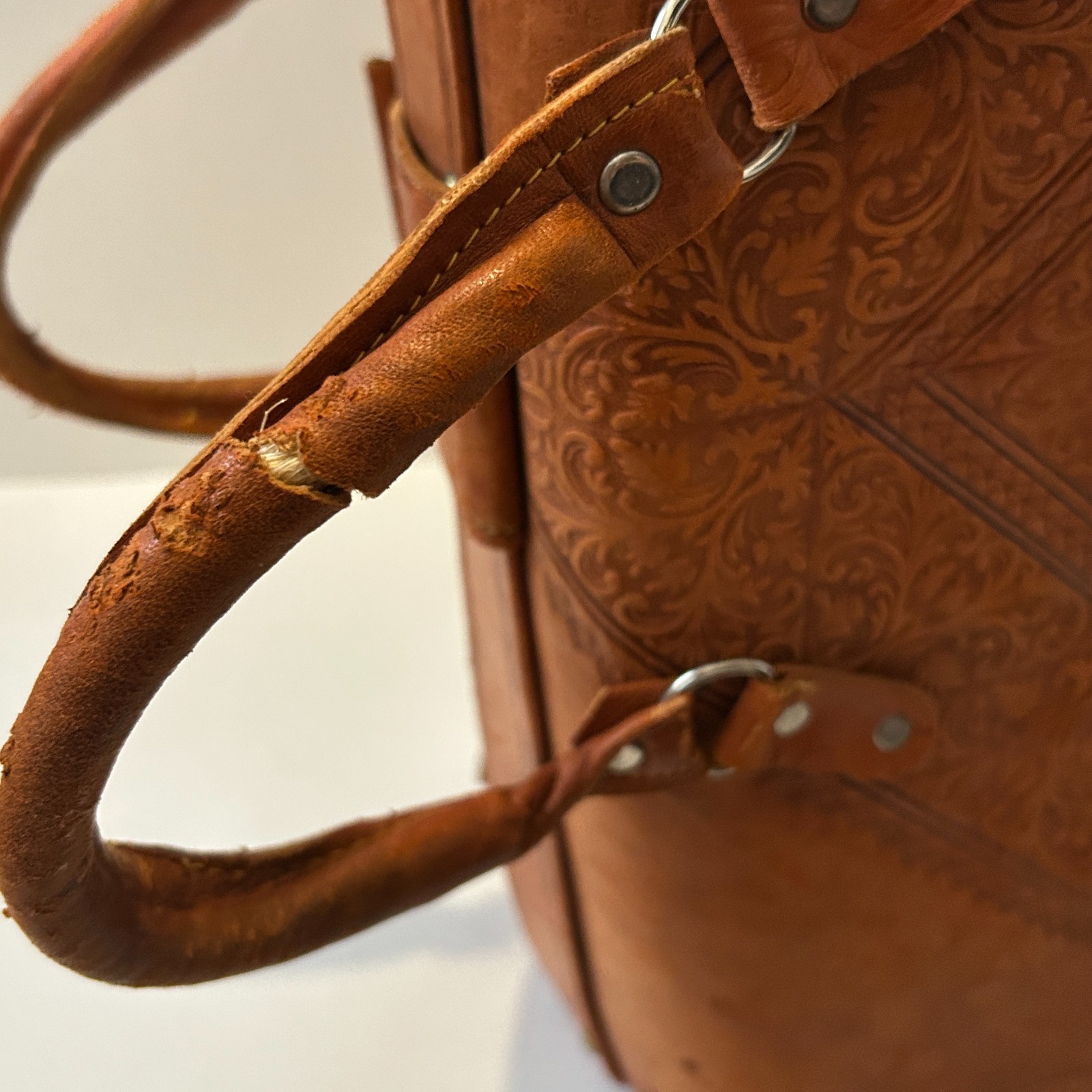 Vtg Egyptian Tooled Leather Suitcase Overnight Satchel Bag Handmade OOAK