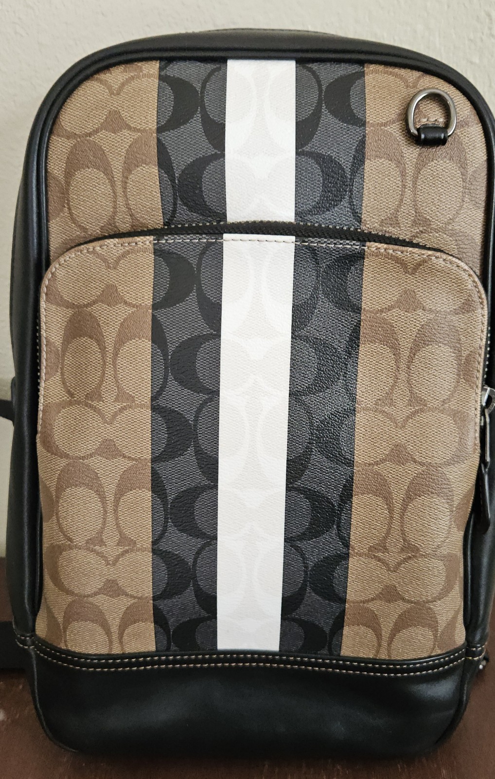 Coach Logo Stripe Sling Backpack, Zip Closure, Adjustable Strap Brown/Black