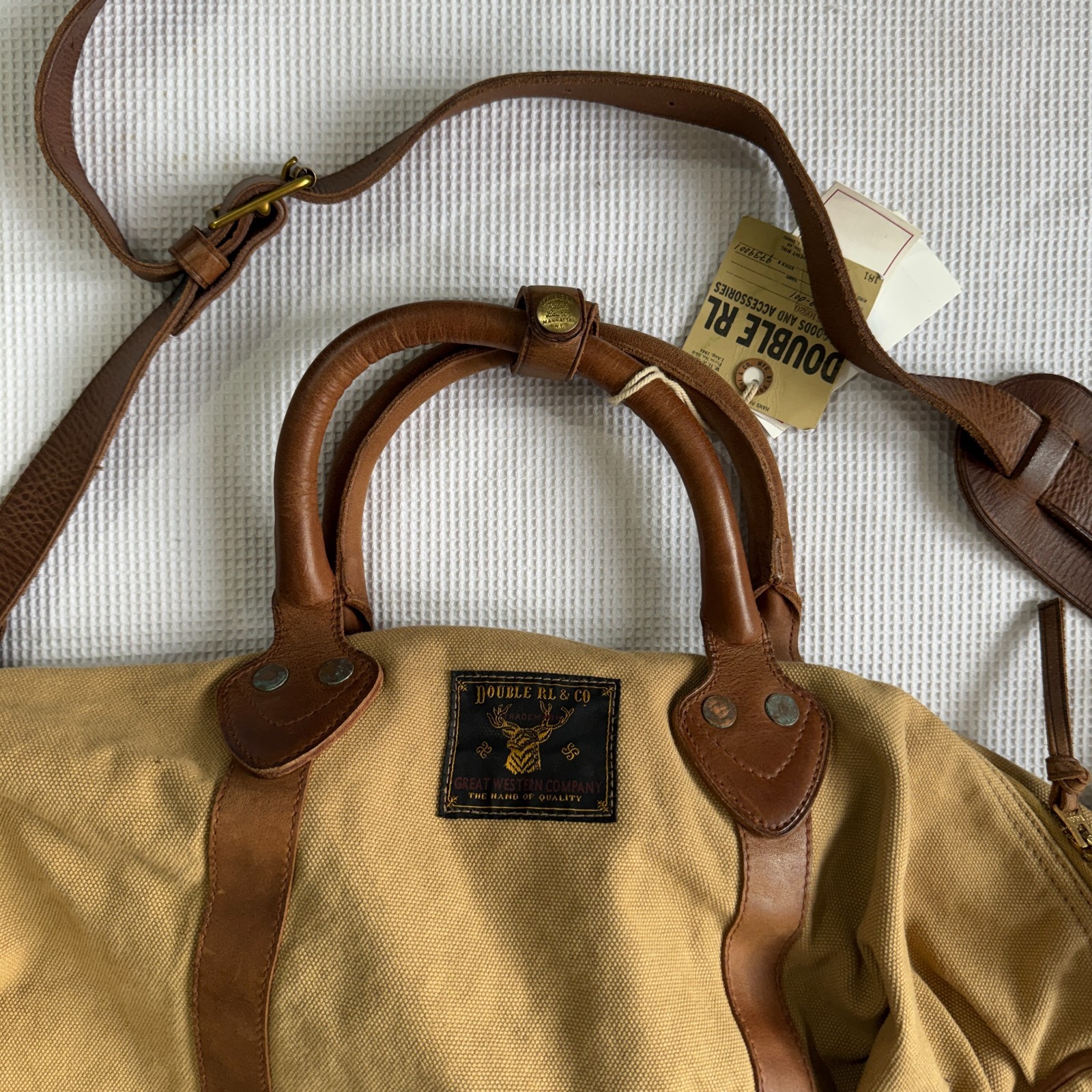 RRL Double RL Ralph Lauren Leather Trim Canvas Douglas Duffel Bag Khaki OS