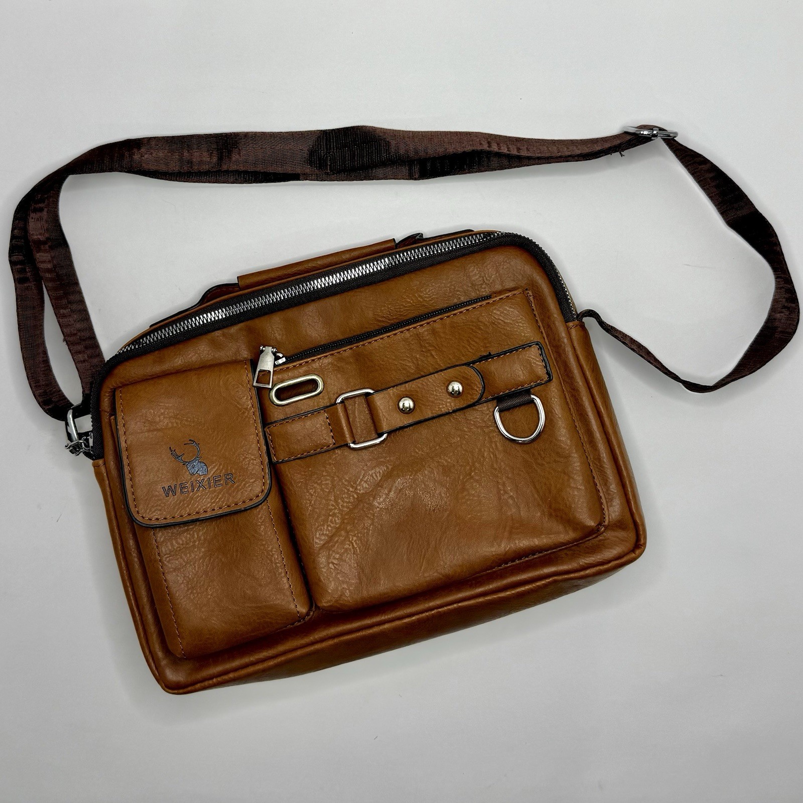 Weixier Crossbody Bag Men’s Adjustable Shoulder Bag- Brown Faux Leather Satchel