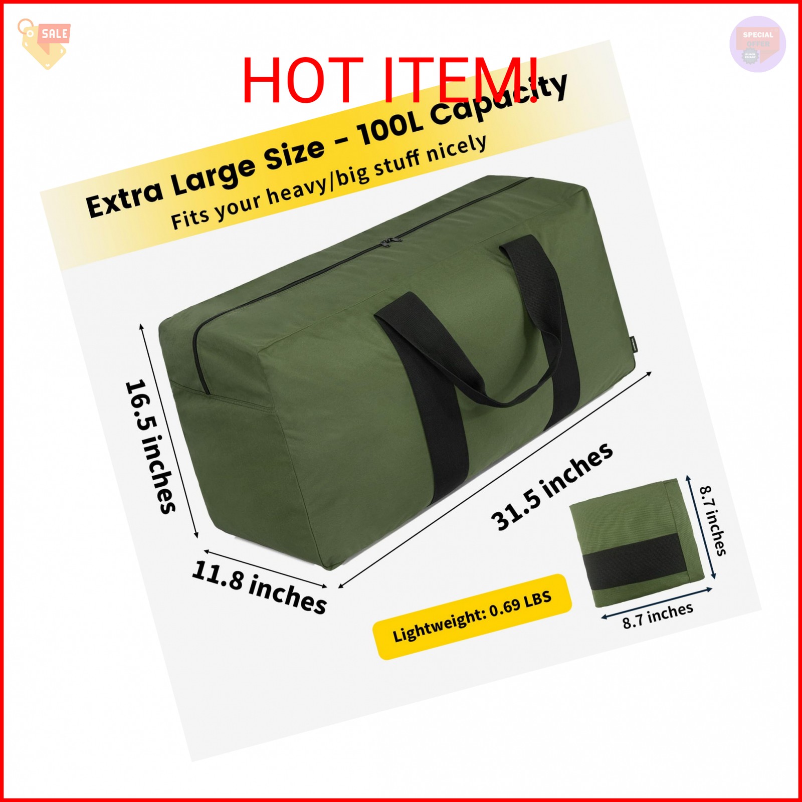 Vorspack Extra Large Duffle Bag for Travel – 100L Duffel Bag for Men Gear Bag fo