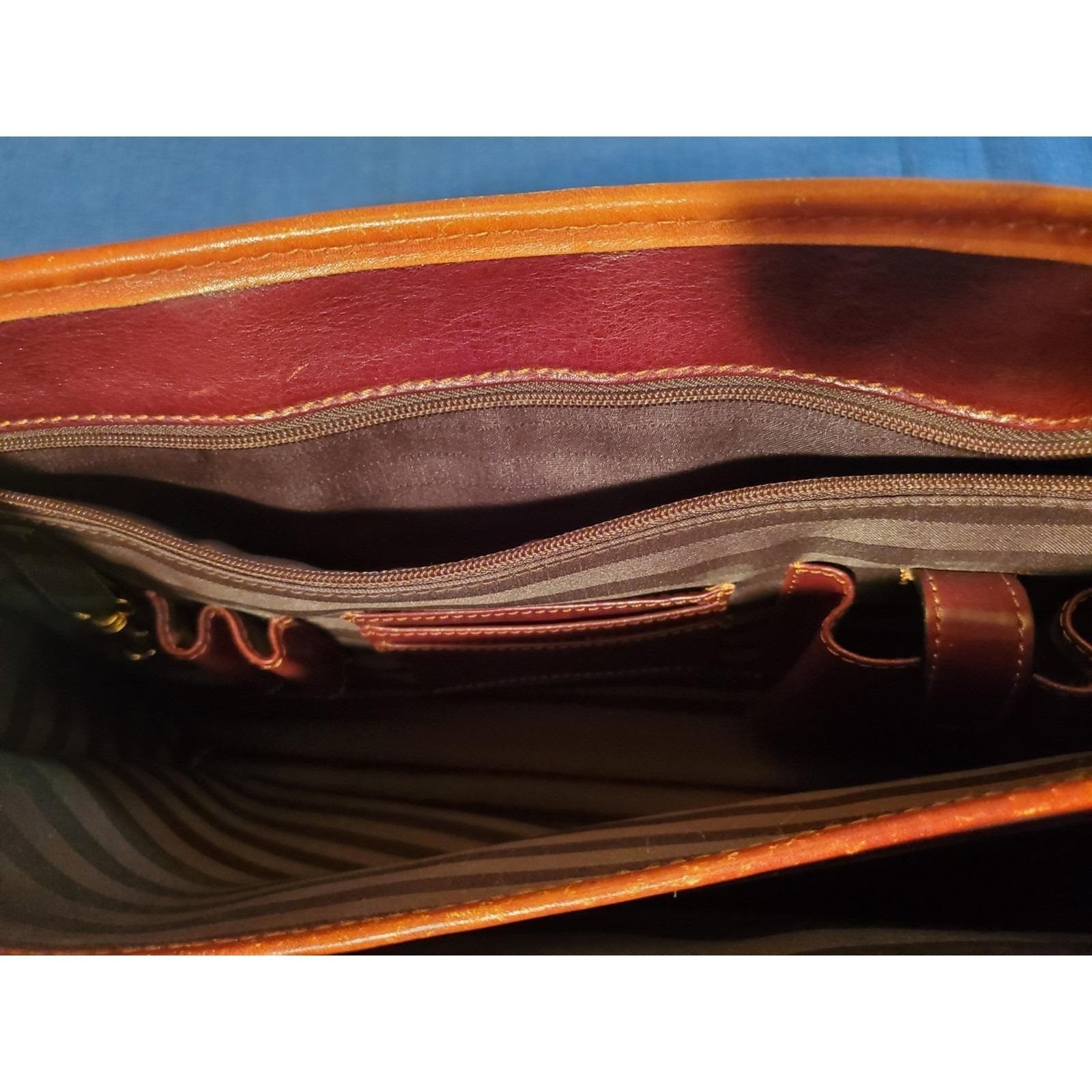 Cognac Brown Leather Briefcase Lap Top Case Dbl Handle Shoulder Strap Vantaggio