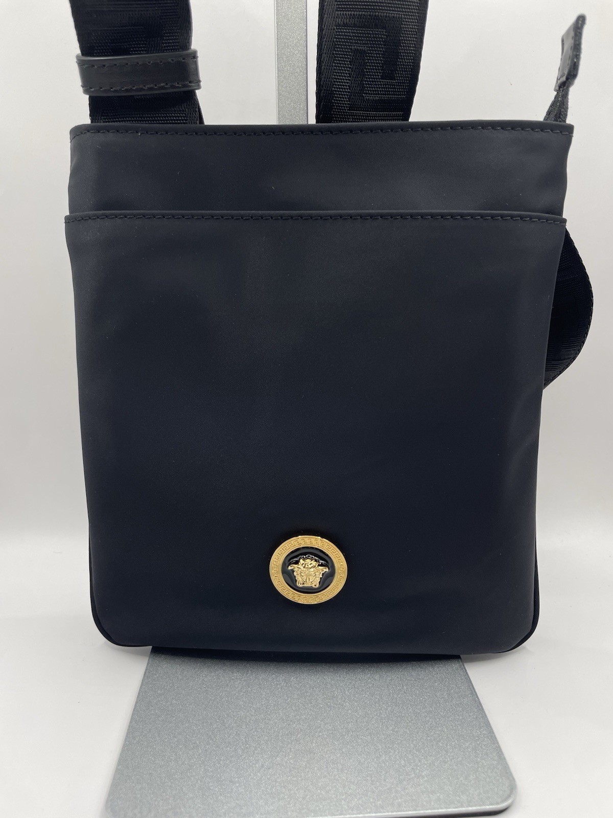 VERSACE Flat Crossbody Bag Fabric Calf Leather Black $850 Retail