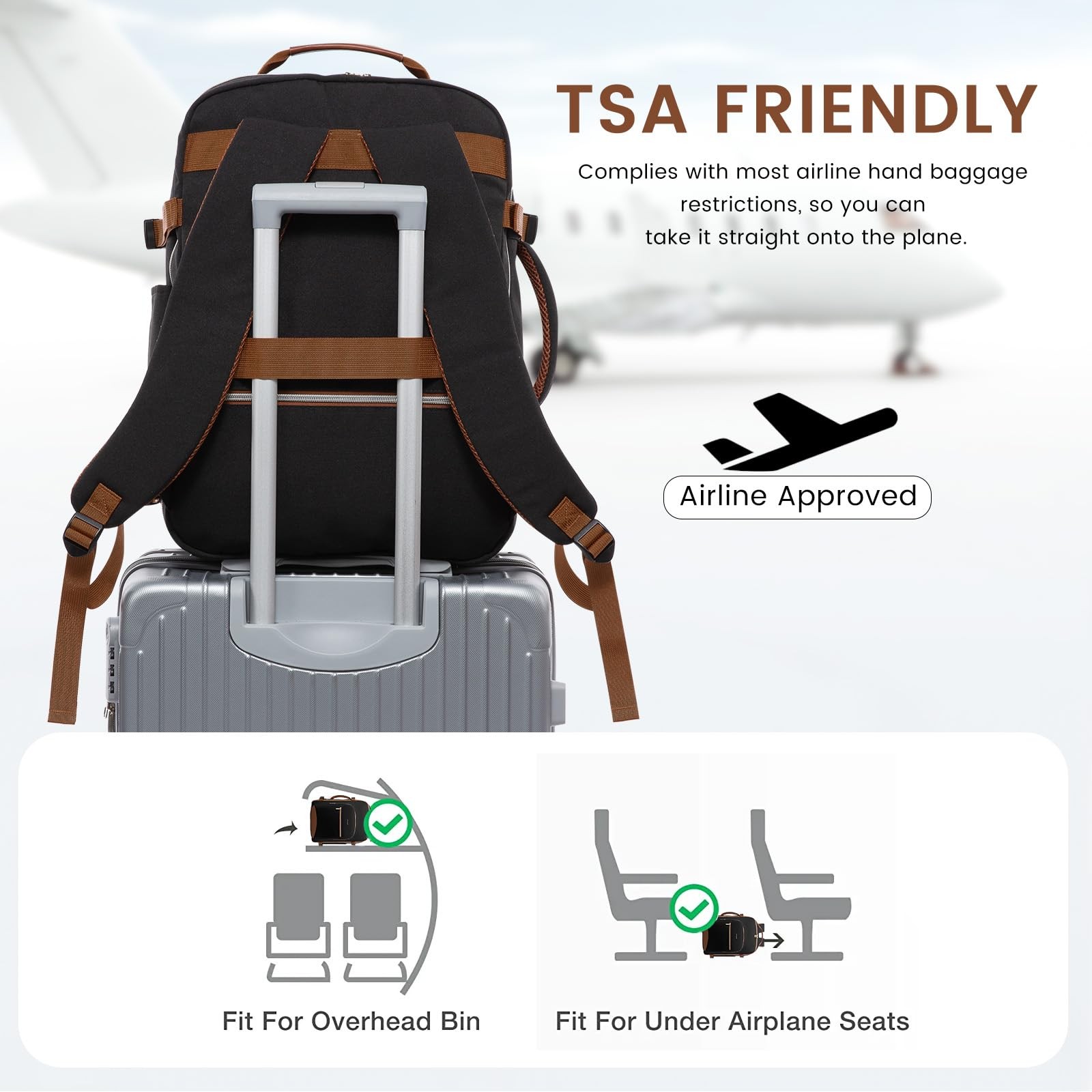 LOVEVOOK 40L Travel Backpack 17 Inch Carry On Airline Approved Black~Brown