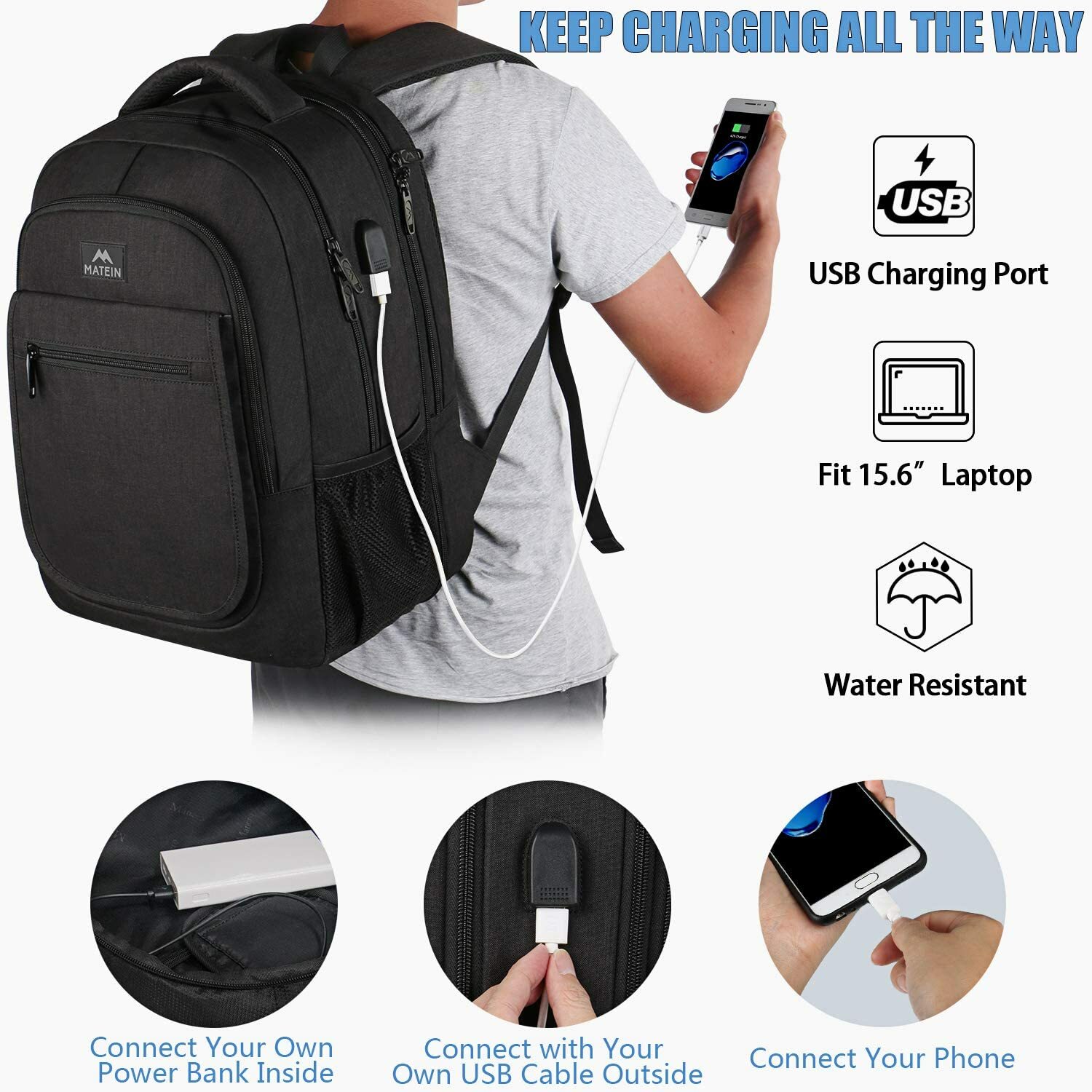 Expandable Bookbag 15.6 In Laptop School Boys Girls Backpack W/ USB Port, Black