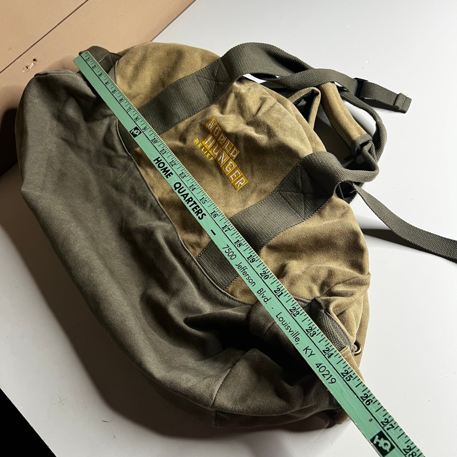 LL Bean Canvas Duffle Bag Khaki Olive Green World Hunger Relief Travel Gym Bag