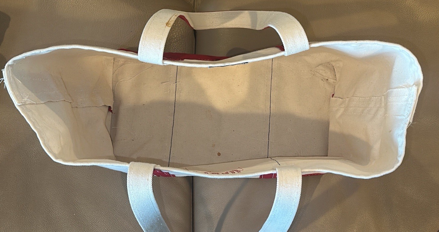Vtg 1980s LL Bean Open Top Canvas Boat And Tote Large Long Handle White/Red Trim