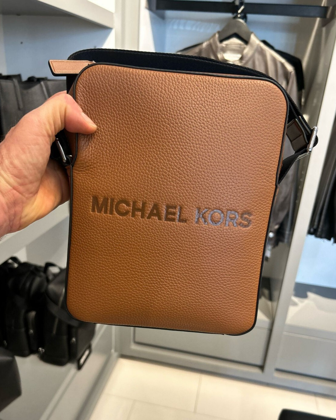 Michael Kors Cooper Men Logo Embossed Leather Crossbody Messenger Bag Luggage
