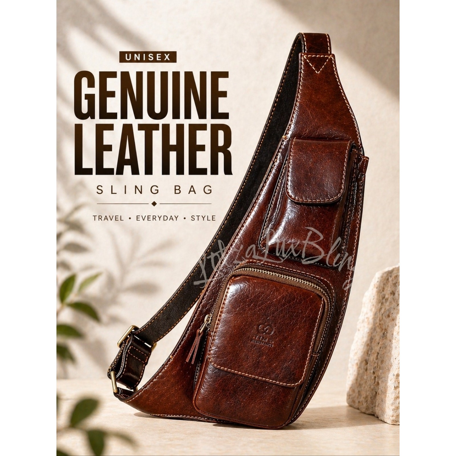 Time Resistance Leather Sling Bag Travel Leisure NWOT Unisex Brown