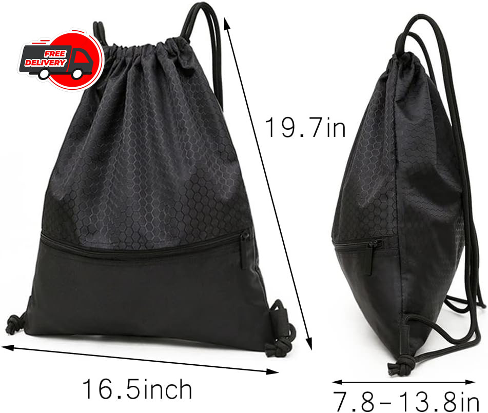 Drawstring Backpack Bag, Waterproof Draw String Back Sack with Zip Pocket, Gym D