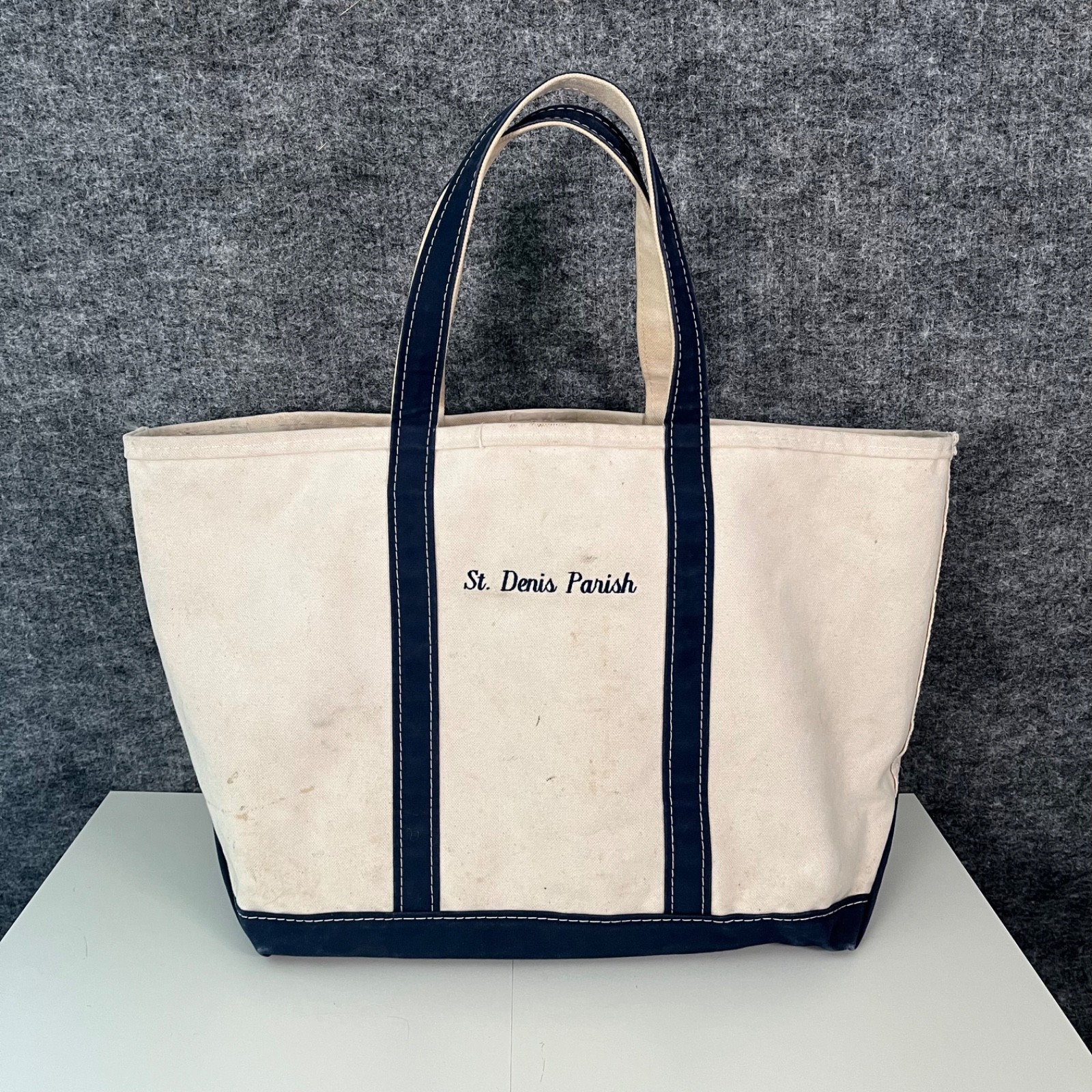 Vintage Boat & Tote Bag LL Bean USA Utility White Navy Outdoors Canvas Beach 80s