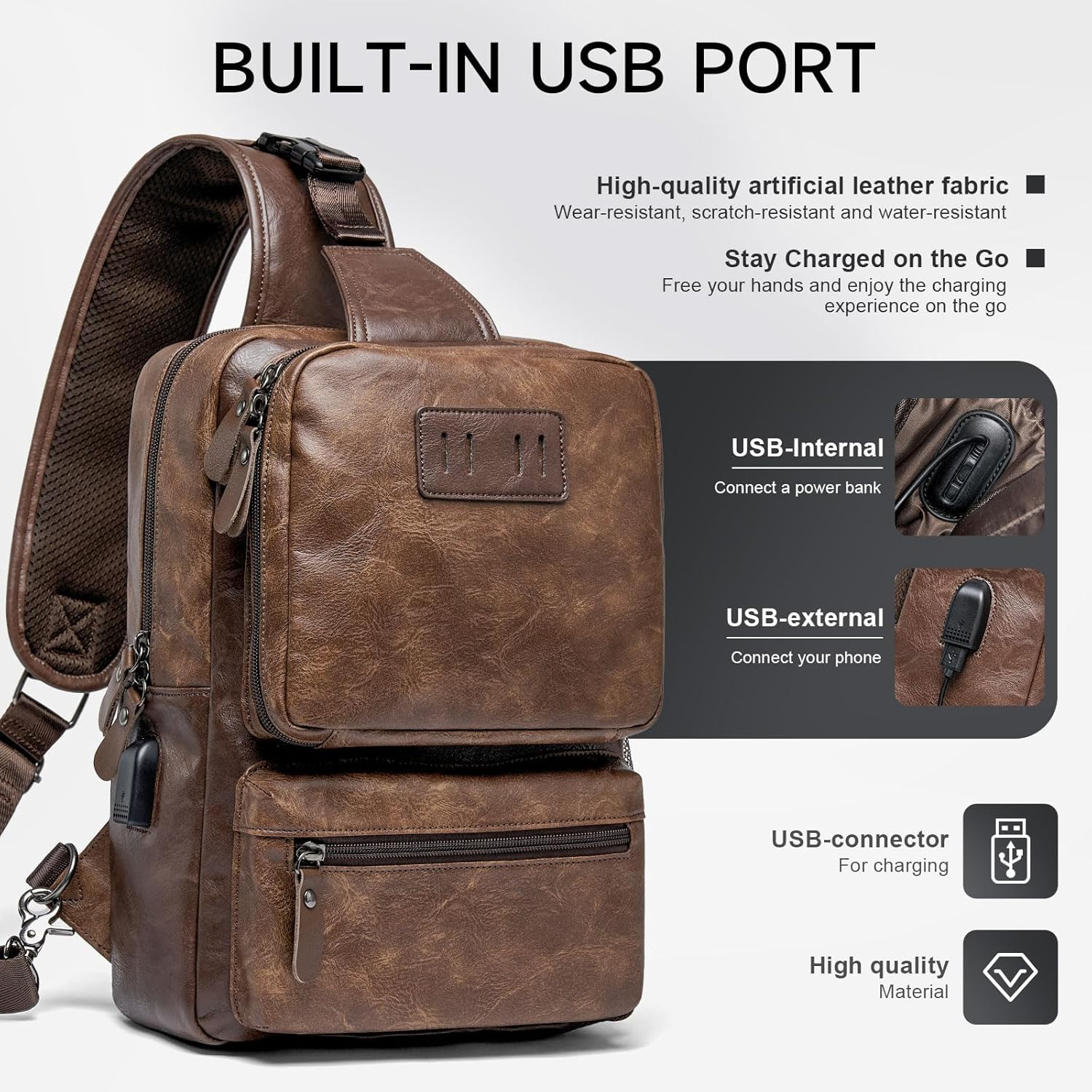 EDC Crossbody Bag for Men Leather Sling Bag, Tactical Chest Bag with USB Chargin