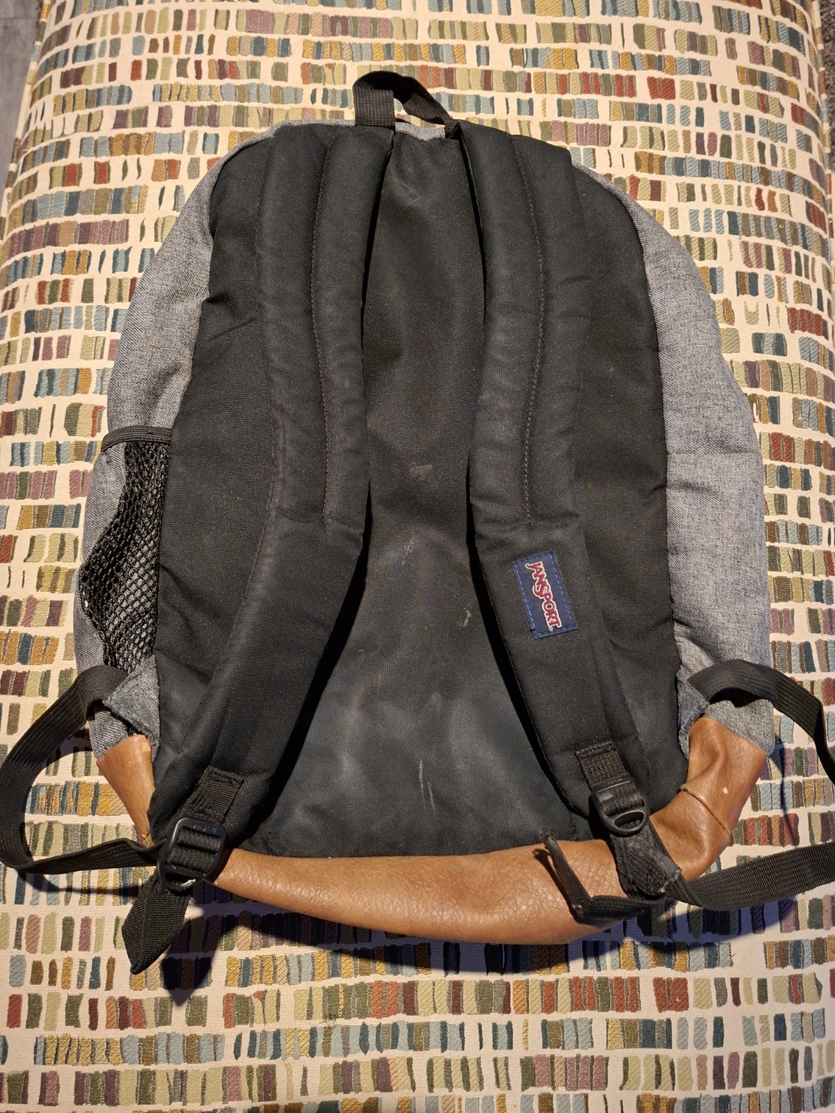 JanSport Backpack Cool Student Laptop Gray Faux Brown Leather Bottom JS0A2SDD