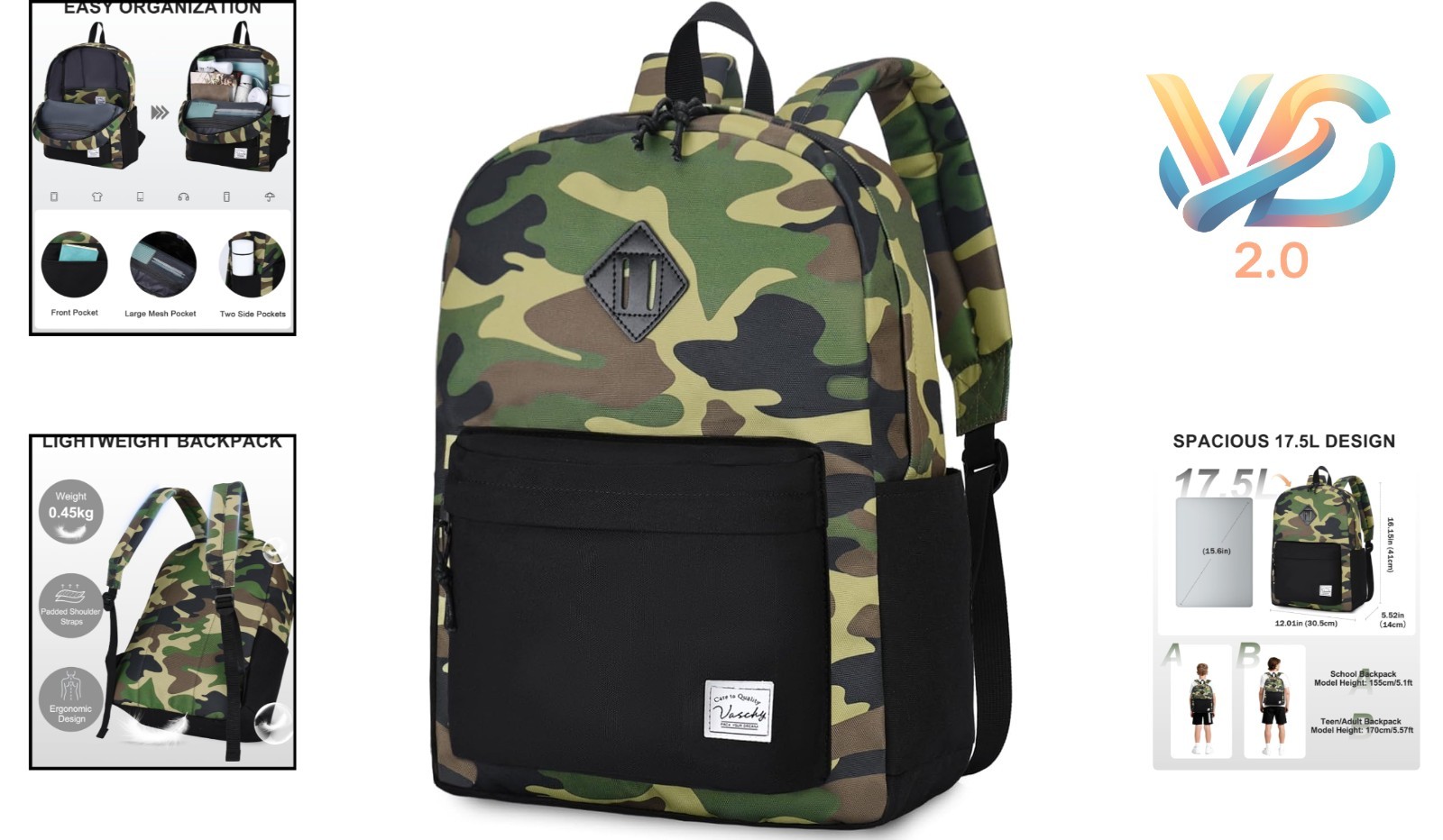 Lightweight Water Resistant Backpack for Men Camo Black Daypack Travel