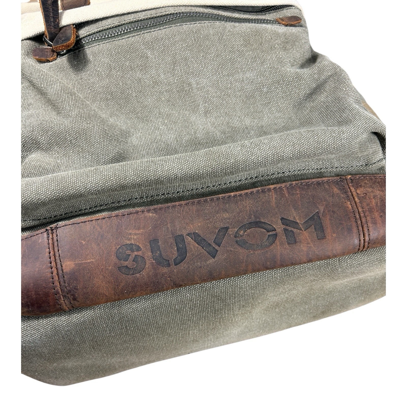 Suvom Canvas Leather Trim Rolltop Backpack Olive Khaki Two-Tone EUC