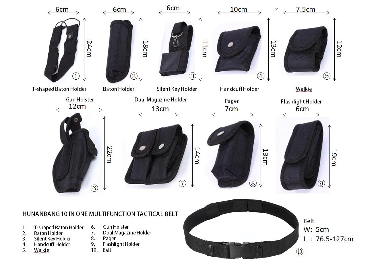HUNANBANG 10 IN 1 DIY Modular Duty Belt Police Security 30~50inches, Black