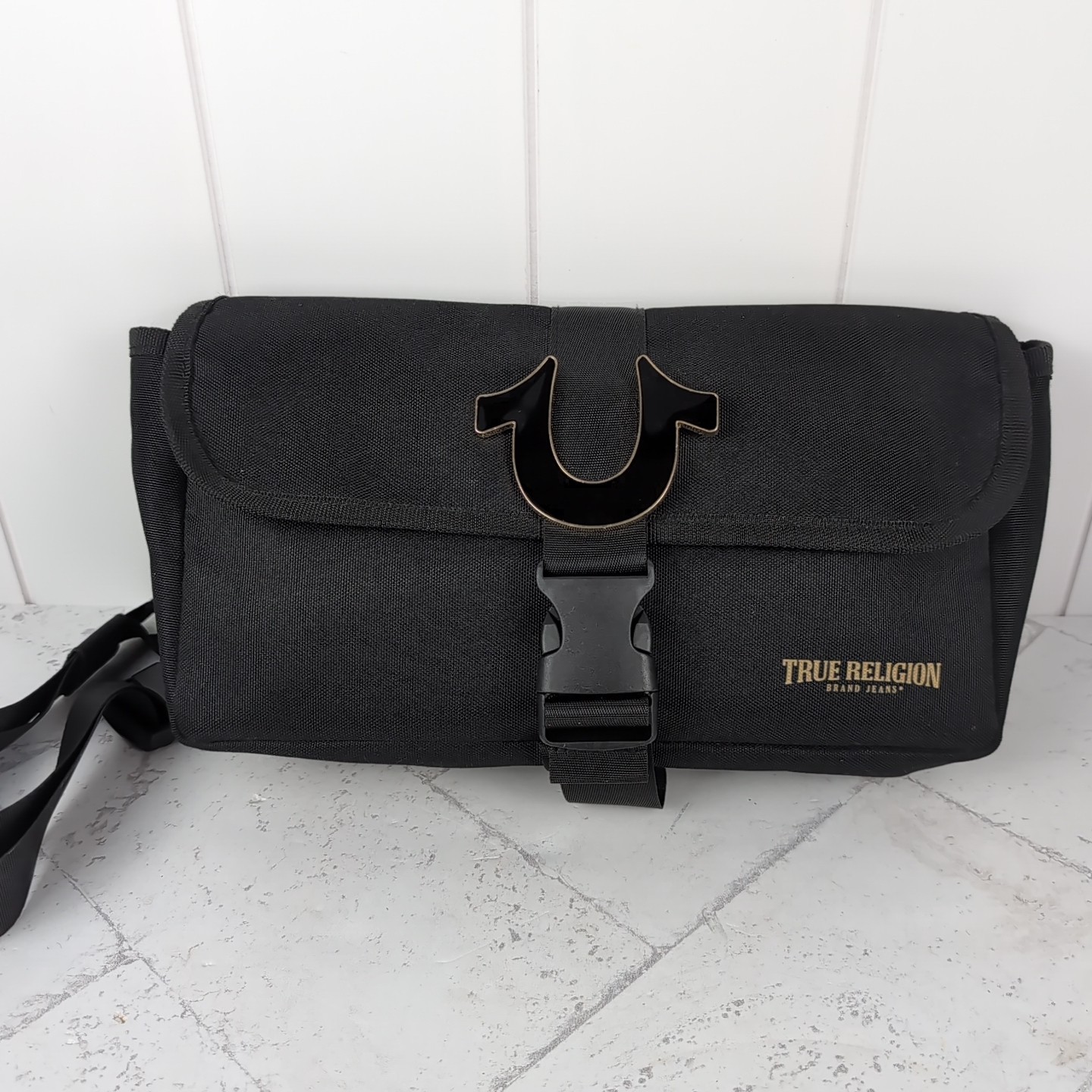 True Religion Horseshoe Flap Sling Bag Unisex Black & Gold