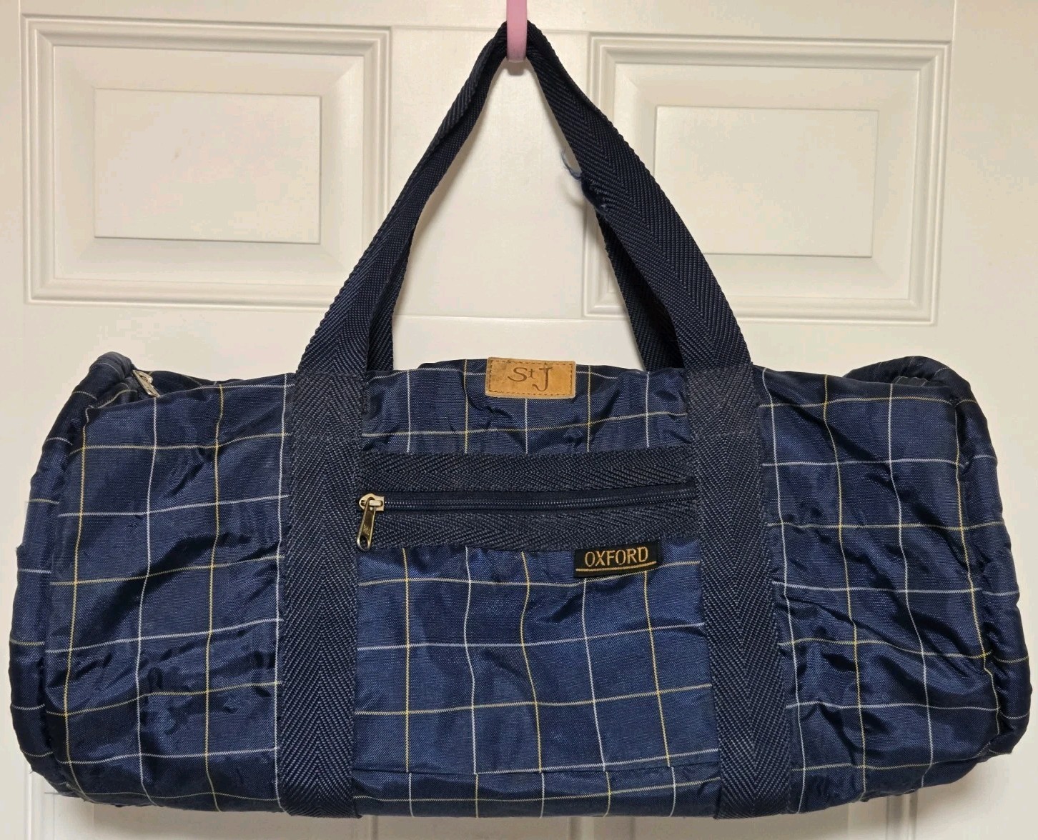 Oxford Blue Plaid Duffle Bag Vintage Polyester / Nylon 22″x13″x9.5″ St J Patch