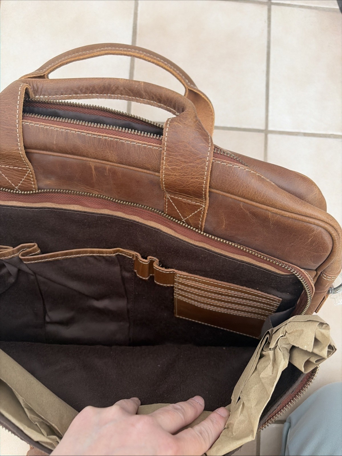 KomalC Leather Messenger Laptop Bag Brown Distressed Briefcase NWOT
