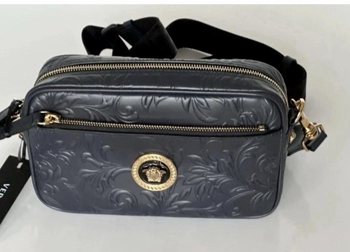 Versace Medusa Head Embossing Calf Leather Blue Crossbody Bag 1005464 IT NWT