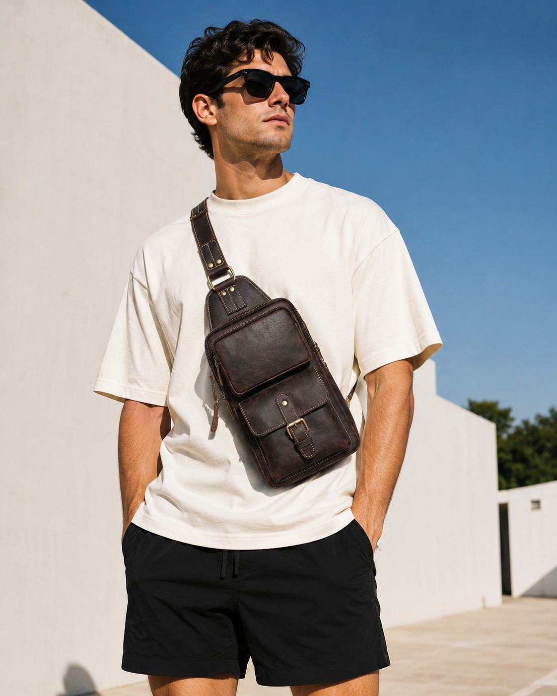 Handmade Full Grain Leather Chest Sling Bag for Men Vintage Crossbody Back